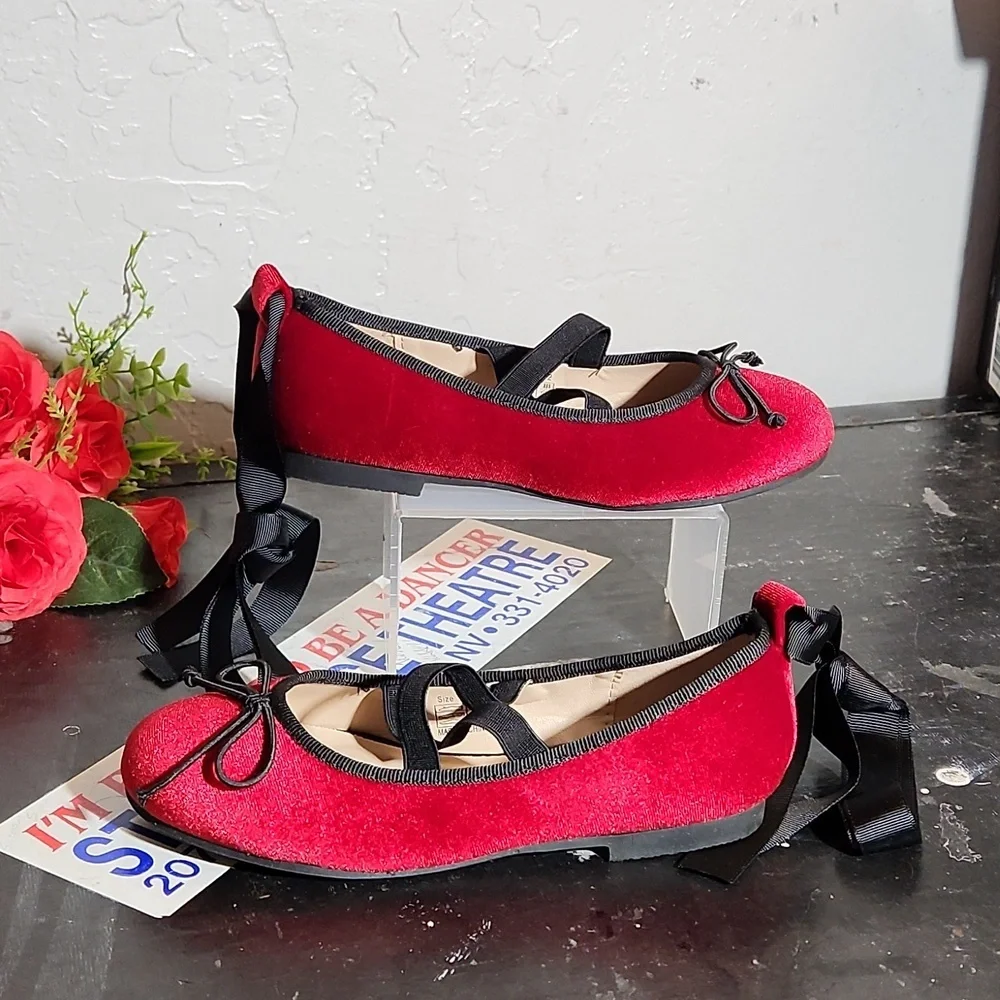 HOO Ted Velvet Ballerina Flats Bow Detachable Ribbon Tie Slip On Flats C…